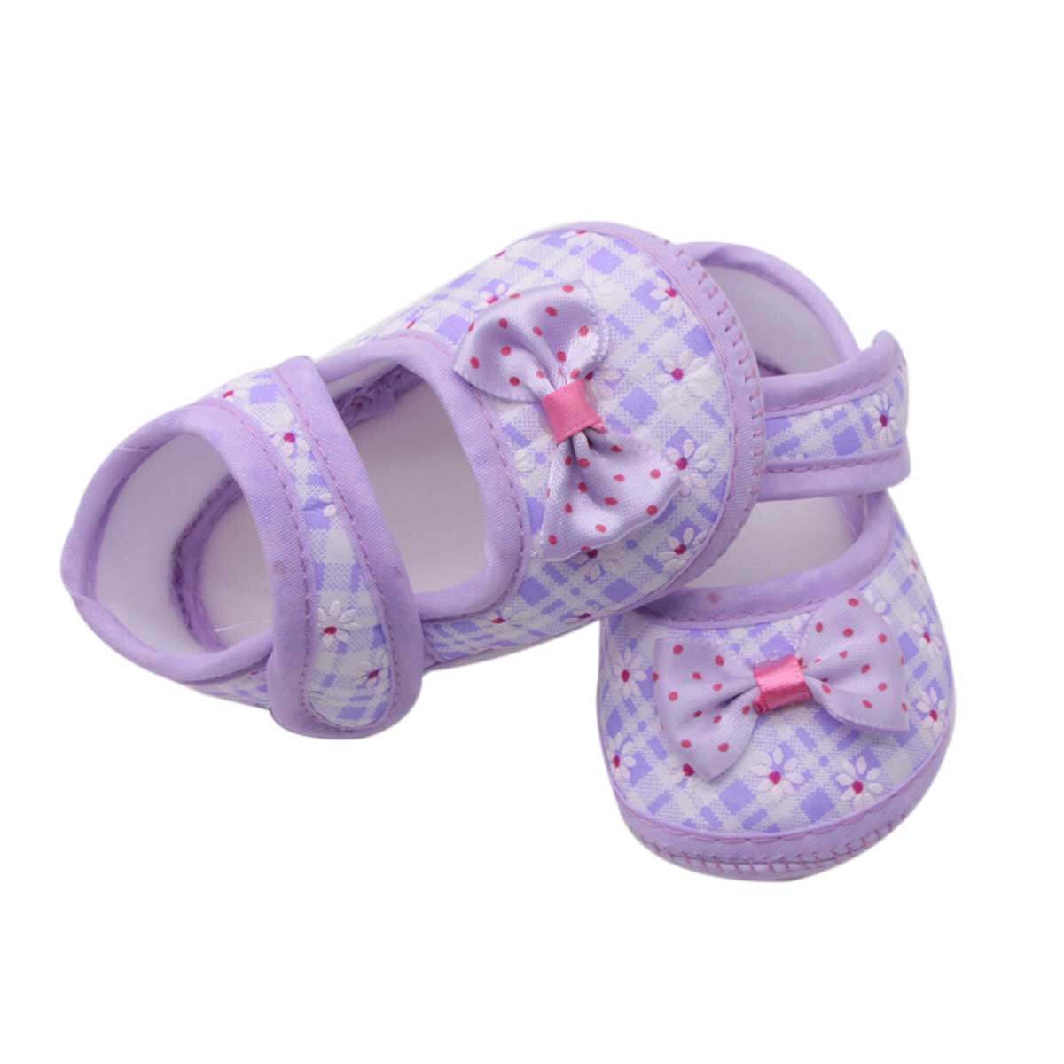 【Beautywoo】Toddlerโบว์สำหรับเด็กทารกผู้หญิงKnot Prewalkerรองเท้าลายสก๊อตพิมพ์ลื่นSoft Sole First Walkerรองเท้า0-18M