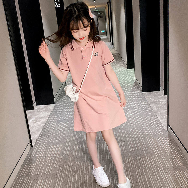 Áo Polo Dài Thêu Hình Ong Mật Màu Hồng Cho Bé Gái, Đầm Đầu Gối Ngắn Tay