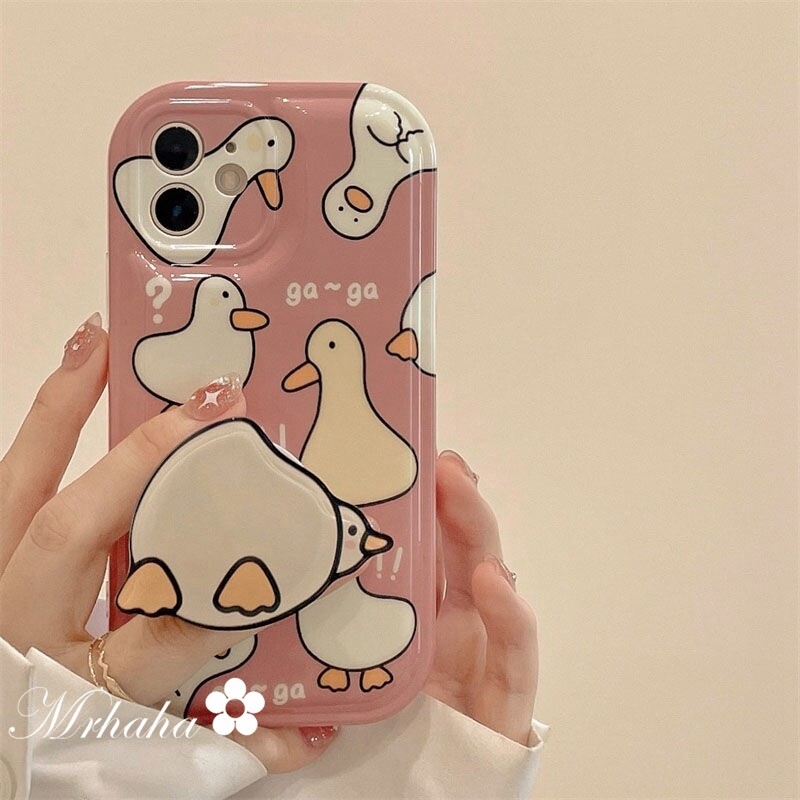 Mrhaha Casing+Bracket for iPhone 14 13 12 11 Pro Max 12 X XR Xs Max 8 7 6 6s Plus SE 2020 Ins Fashion Soap Air Cushion Cartoon Cute Duck Pink Girly Beautiful Clear Simple Phone Case Silicone Protective Cover🌈Ready Stock🌟