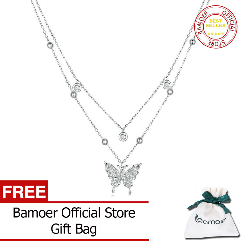Bamoer dây chuyền mặt hình bướm tua rua hai lớp bằng bạc sterling 925 cho nữ quà tặng đính hôn trang sức tinh xảo bsn308