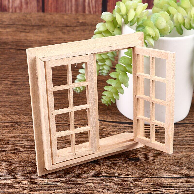 Mô hình cửa trống mini nhà búp bê 1:12 khung cửa sổ bằng gỗ cửa sổ vuông có thể mở nhỏ cho đồ chơi nội thất nhà búp bê