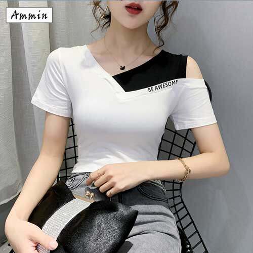 Áo Thun Nữ Tay Ngắn AMMIN, Cổ Chữ V, Trễ Vai, Bằng Cotton Co Giãn, Phong Cách Hàn Quốc, Dáng Ôm, Gợi Cảm, Mặc Mùa Hè 2020