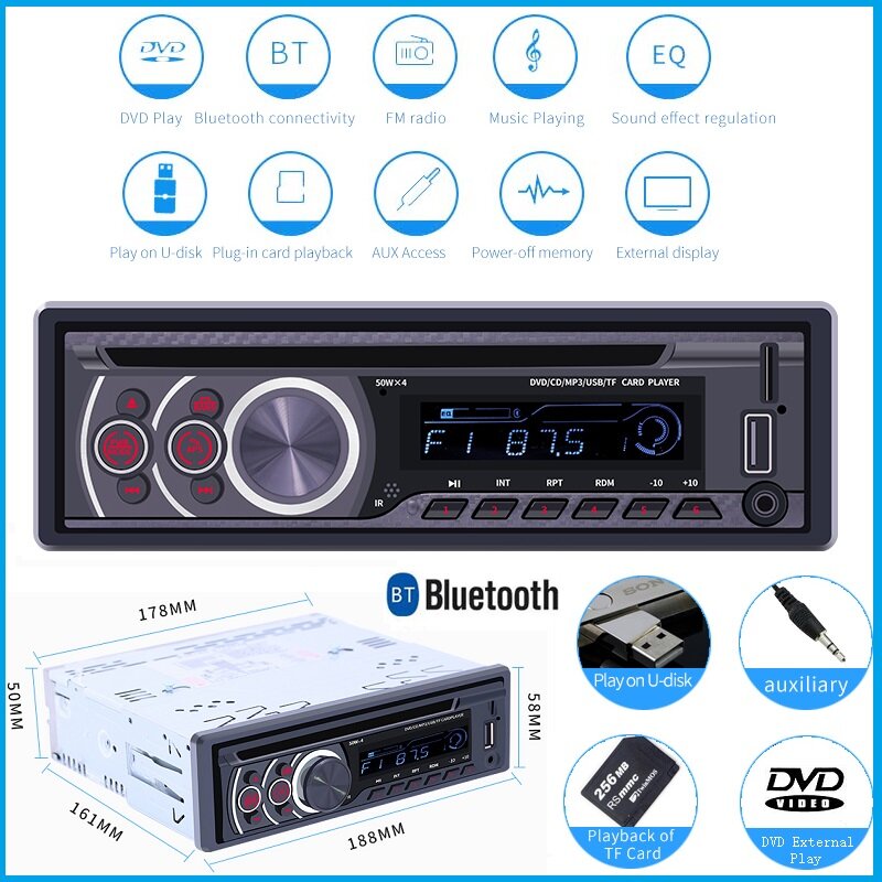 Manlubao 8169A Đầu Phát CD/DVD/VCD Trên Xe Hơi, Tự Động Stereo MP3 Máy Nghe Nhạc, Điện Thoại Rảnh Tay Bluetooth Sạc Thẻ AUX/USB/TF Hỗ Trợ Chơi Chơi Bên Ngoài