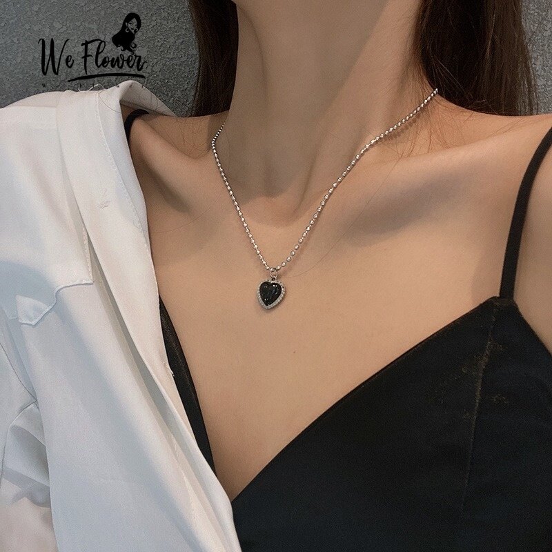We Flower Vòng Cổ Mặt Dây Chuyền Trái Tim Màu Đen Cổ Điển Cho Nữ Trang Sức Dây Chuyền Xương Đòn Đính Cườm Bạc Cổ Điển