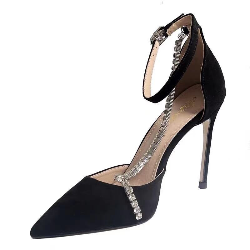 2022 spring and autumn new black one word high heels women's stiletto heel crystal rhinestone chain pointed toe sandals women
