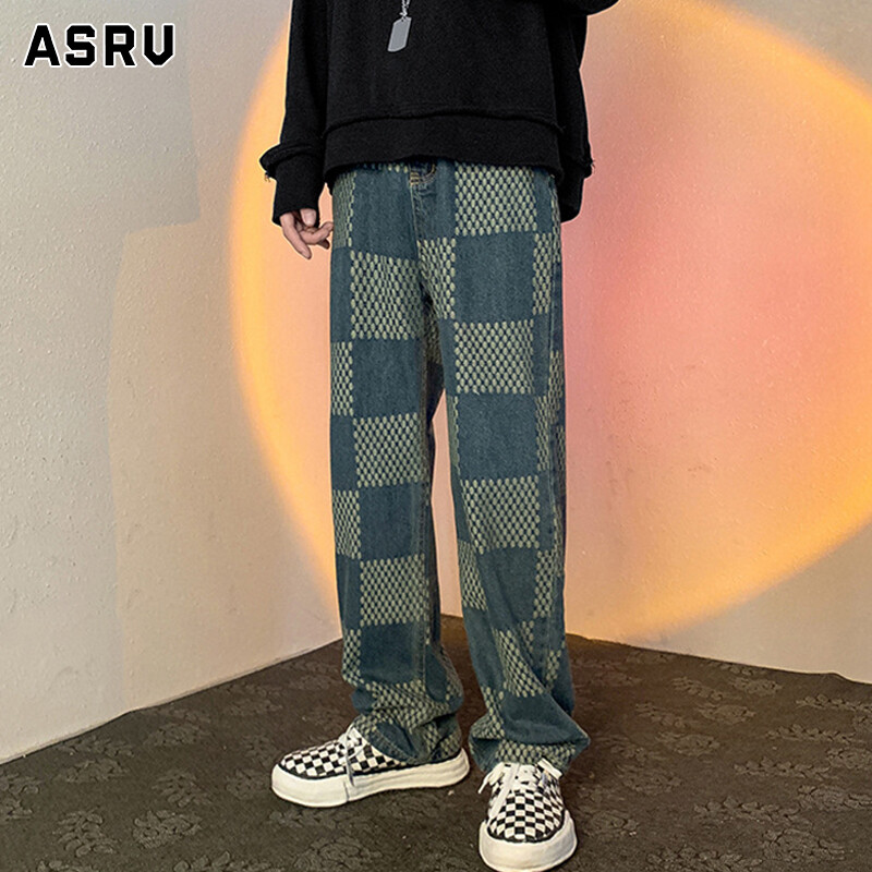 Asrv quần jean nam quần bò jacquard kẻ sọc quần thường ngày ống đứng dáng rộng hoài cổ cho nam