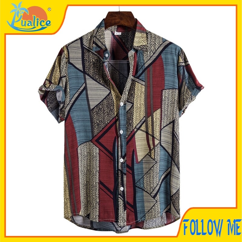 [Yualice] Áo Sơ Mi In Hoa Batik Dáng Rộng Thường Ngày Thời Trang Hawaii Áo Sơ Mi Nam Đi Biển Khâu Màu Xám