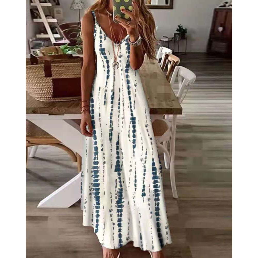 Hanging Collar Dress Printed Dress Summer Dress Lace Up Dress Tie Dyed Printed Swaying Long Skirt Sleeveless Dress