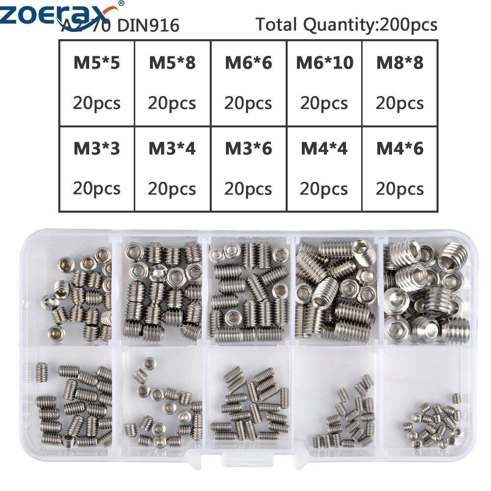 Zoerax 200 cái vít Bộ dụng cụ bằng thép không gỉ 304 M3 M4 M5 M6 M8 ổ cắm đầu Allen vít cấy lục giác đặt cốc điểm Bộ dụng cụ phân loại số liệu
