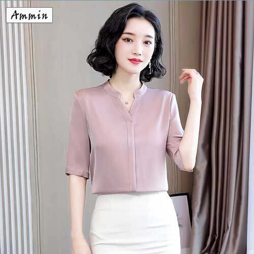 AMMIN Áo Sơ Mi Lụa Dâu Tằm Tay Lỡ Cổ Chữ V Thời Trang Mới Mùa Hè 2020 Áo Cánh Màu Trơn Thanh Lịch Và Mềm Mại Cho Nữ