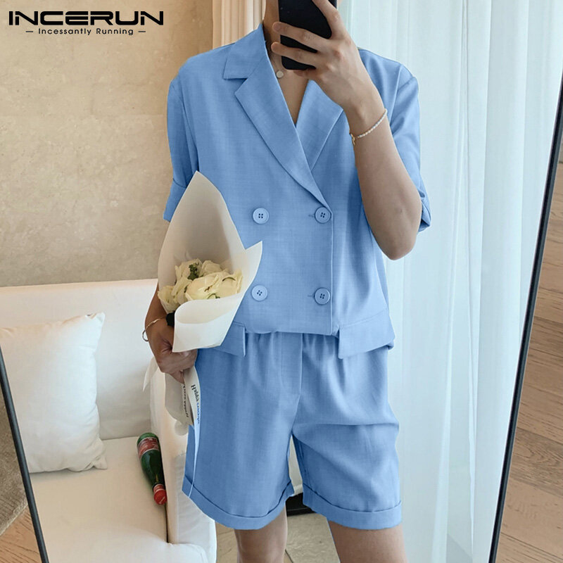 (Phong Cách Hàn Quốc) INCERUN Bộ Com Lê Trang Trọng Cho Nam Áo Blazer & Quần Short Tay Lửng Bộ Trang Phục Dự Tiệc Đám Cưới Thông Minh