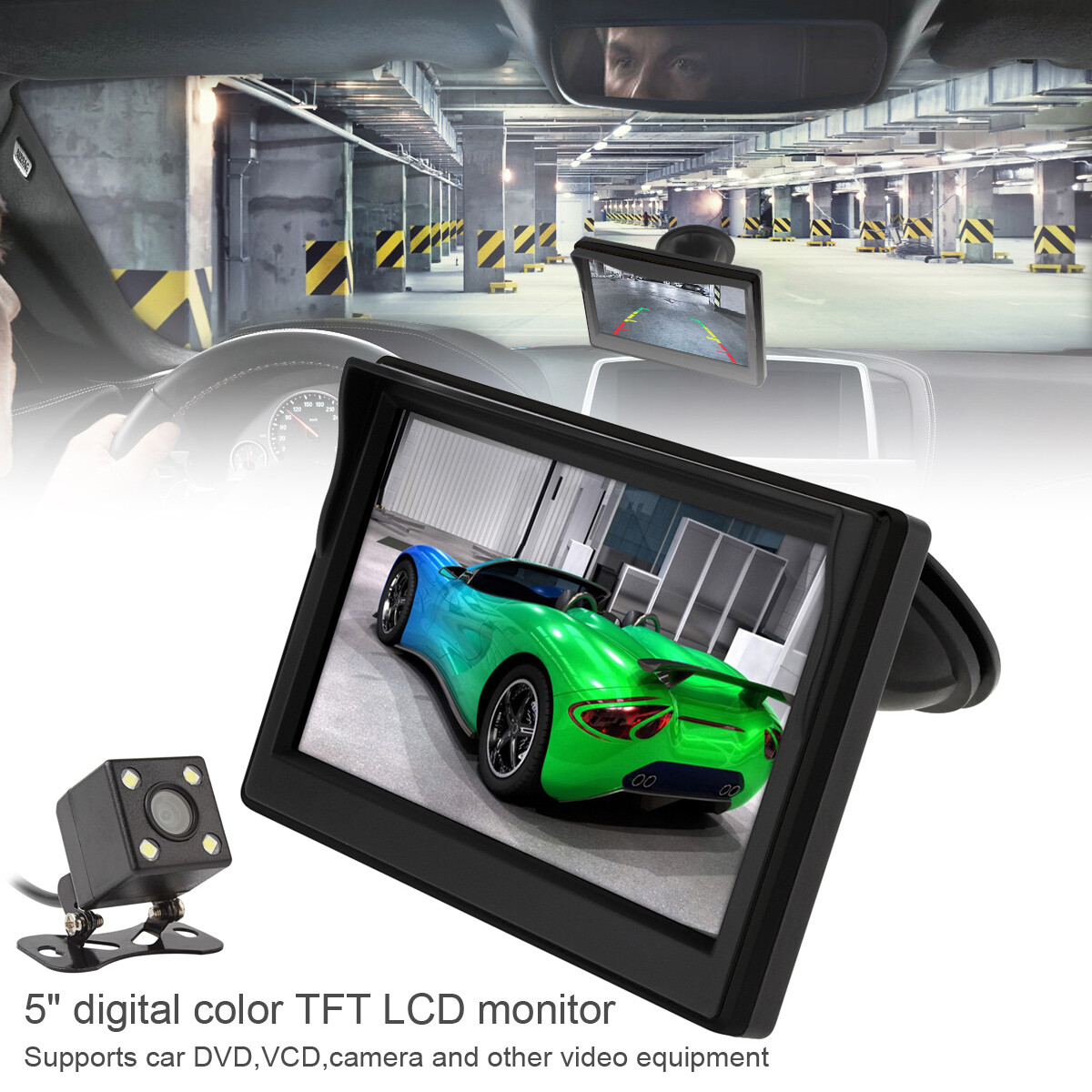 Màn Hình 5 Inch Màn Hình LCD Cho Ô Tô 16:9 Đầu Vào Video 2 Chiều + 170 Độ Ống Kính Góc Rộng Camera Chiếu Hậu
