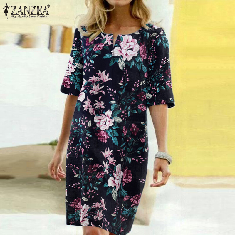 ZANZEA Đầm Suông In Hoa Cổ Điển Cho Nữ Đầm Midi Dáng Rộng Cổ Tròn