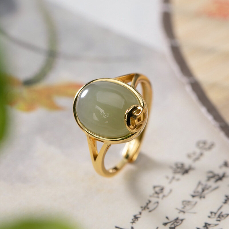 Cadia Đồng Xu Xanh Ngọc Bích Tự Nhiên Mạ Vàng Bạc 925, Nhẫn Hở Nữ Tính Đơn Giản Với Giấy Chứng Nhận Y1R