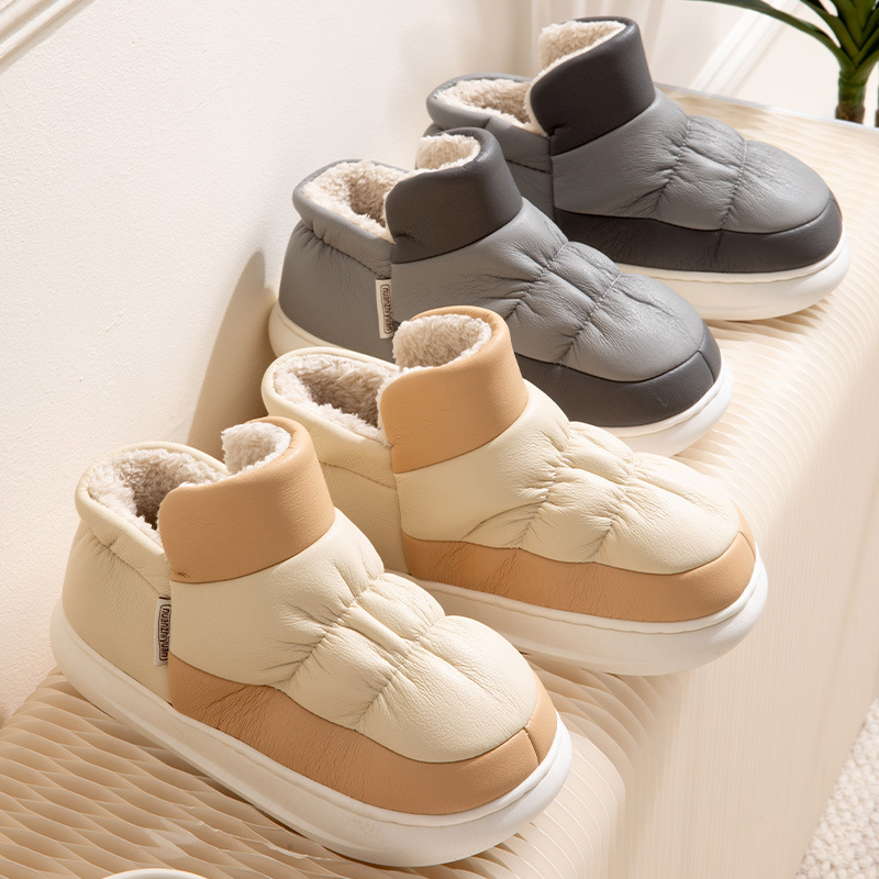 [soft] Cotton Shoes Men's Winter Interior Home pu Leather Simple Warm Thick Bottom plus Velvet Bag Heel Couple Cotton Slippers Women's Outer Wear