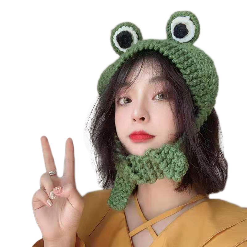 Mũ beanie dệt kim mắt ếch dễ thương cho nam nữ, mũ lưỡi trai ấm áp mùa đông harajuku móc chunky màu trơn