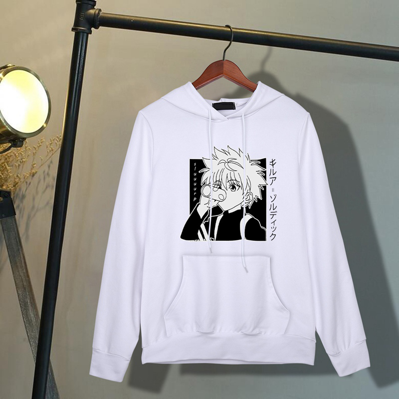 Hunter X Hunterเสื้อฮู้ดพิมพ์ลายผู้หญิงแขนยาวเสื้อกันหนาวKillua Zoldyckการ์ตูนอะนิเมะมังงะเสื้อฮู้ดสีดำTopsเสื้อผ้า