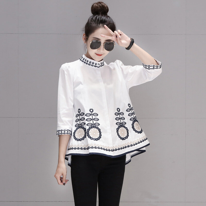 Áo Sơ Mi Cotton Thêu Kích Thước Lớn Phụ Nữ Giản Dị 3/4 Tay Áo Cánh Màu Trắng Quần Áo Rộng