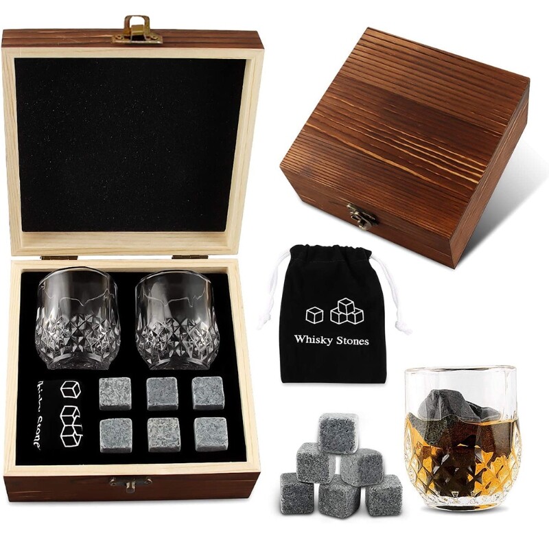 Bộ quà tặng đá whisky đá khối whisky tái sử dụng ly đá whisky đá làm mát hộp quà tặng bằng gỗ quà tặng tốt nhất cho nam