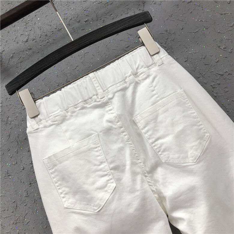 Spring and summer new large size white pants women loose and thin elastic waist high waist jeans casual harem cropped pants