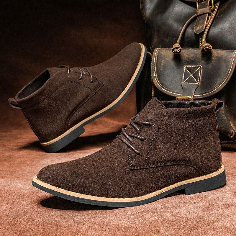 Men Cowboy Style Motorcycle Ankle Boots Winter Suede Pointe Toe Vintage