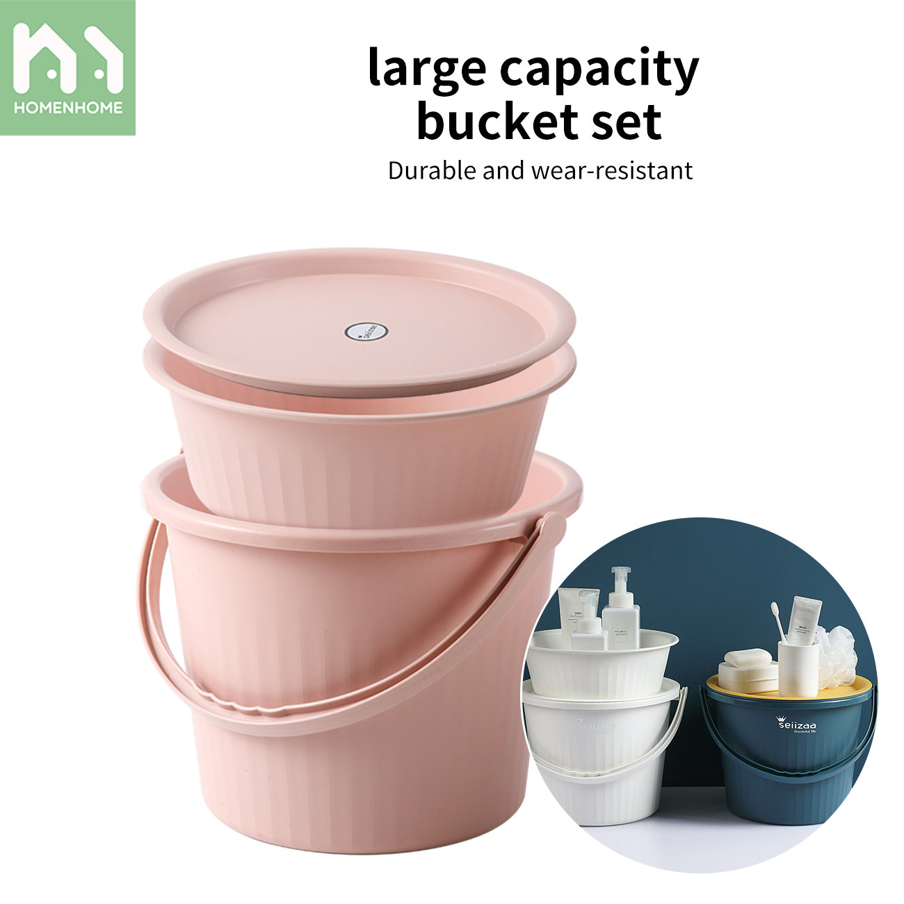 Homenhome 3PC set with cover thickened PP bucket toiletry set ราคา 317 บาท*ส่งฟรี