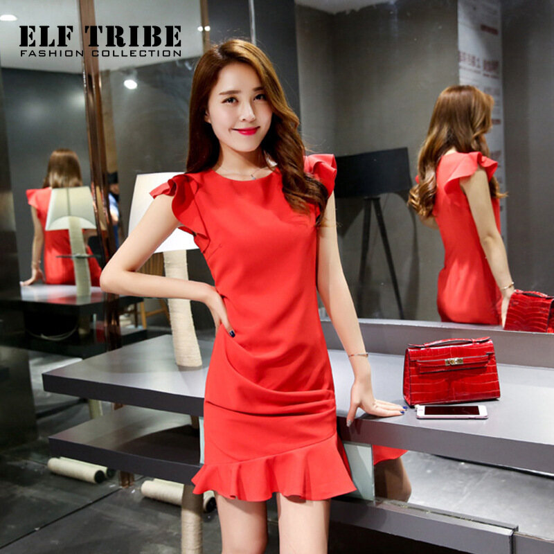 Elf tribe đầm hàn quốc màu đỏ cổ tròn mới đầm đuôi cá dáng ôm tay lá sen cho nữ