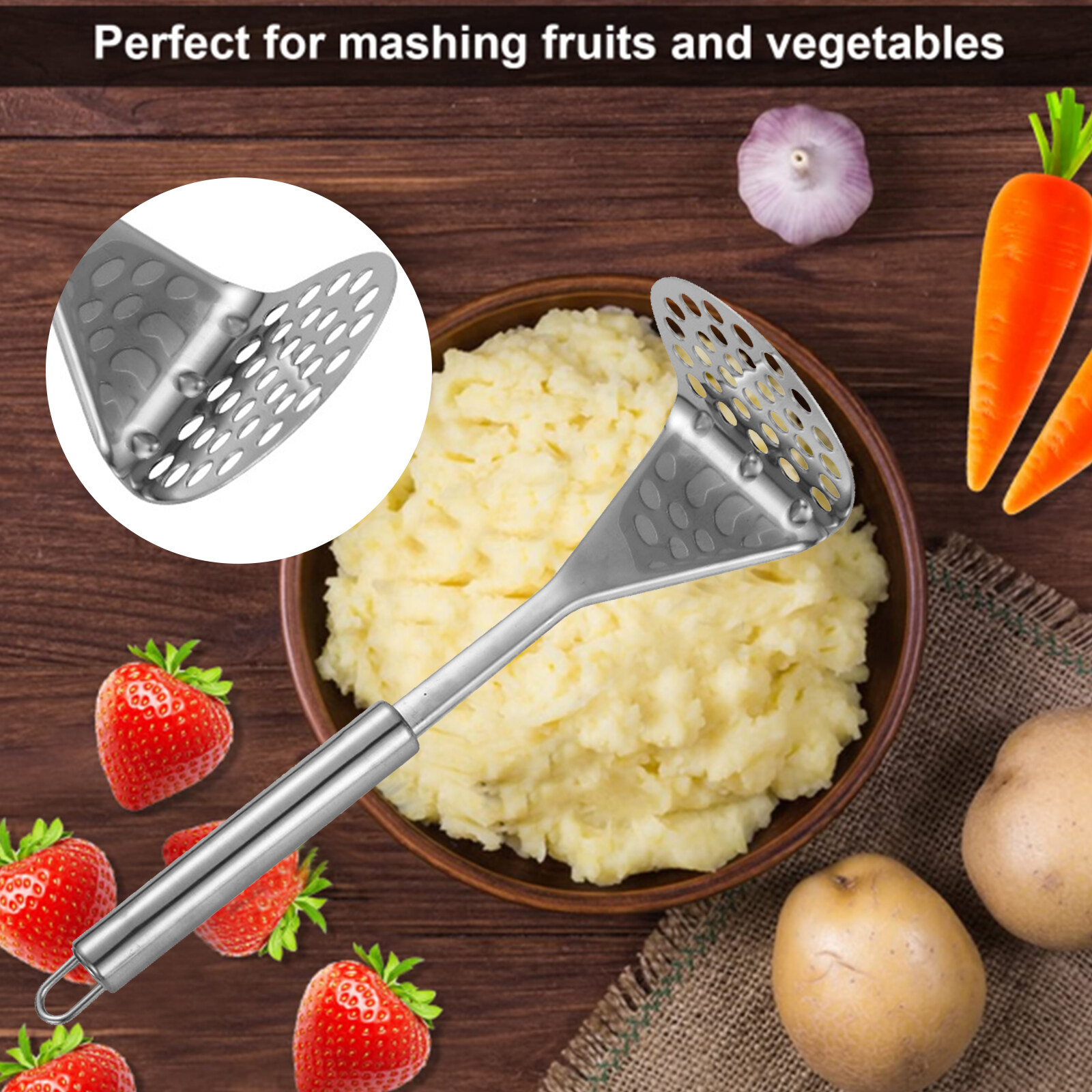 LifHap Potato Masher,Stainless Steel Mashed Potatoes Masher with Long Handle for Beans,Avocado,Fruit,Vegetables.One Piece Construction Heavy Duty