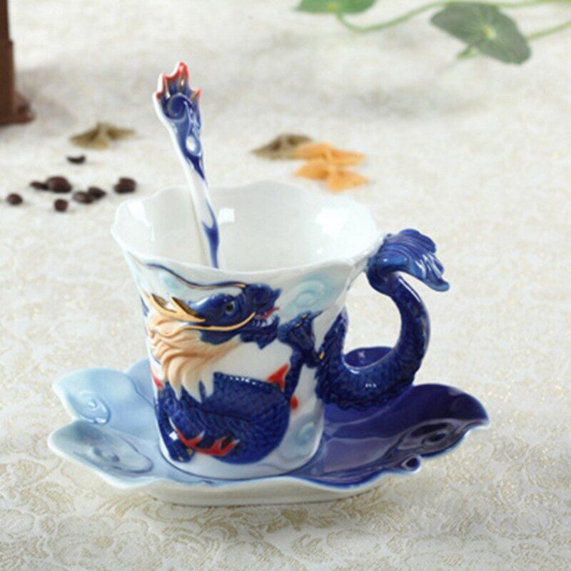 Rồng-Phượng cốc cà phê với muỗng đĩa 3D handmade sứ Ly Hot trà cho bữa sáng chai nước giáng sinh món quà sinh nhật