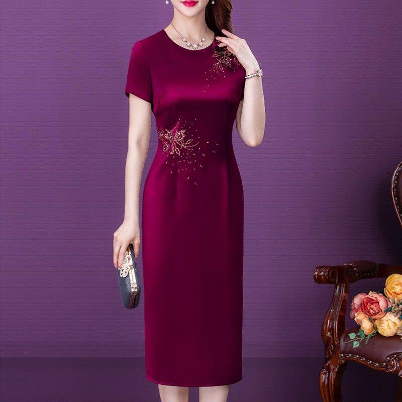 Váy của mẹ váy cưới sườn xám sa tanh acetate váy cưới hạnh phúc cho mẹ chồng váy lụa dâu tằm lụa cao cấp mùa hè 2023
