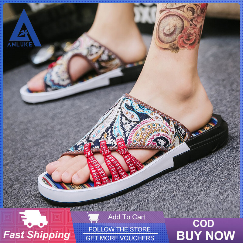 ANLUKE Dép Xỏ Ngón Nam Phong Cách Dân Tộc Giày Đế Bệt Thời Trang Dép Thoải Mái Cho Giày Nam Đi Biển Trượt On Casual Giày Dép Tông