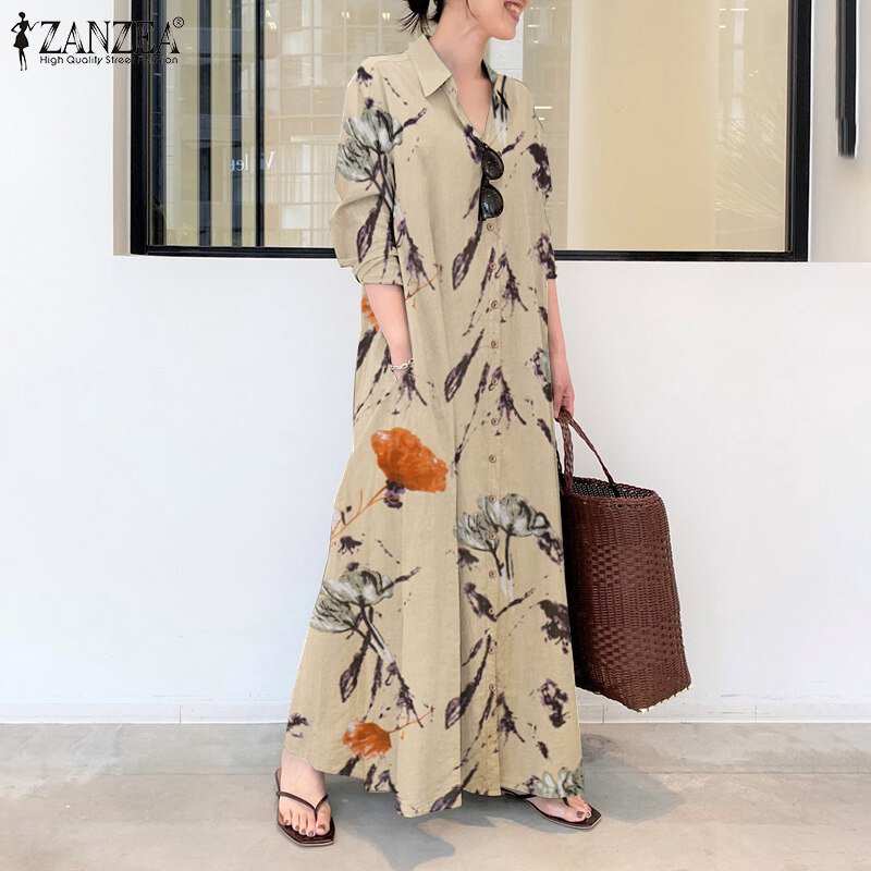 ZANZEA Áo Kaftan In Hoa Xẻ Gấu Xẻ Tà Dài Tay Cho NữMaxi Dress