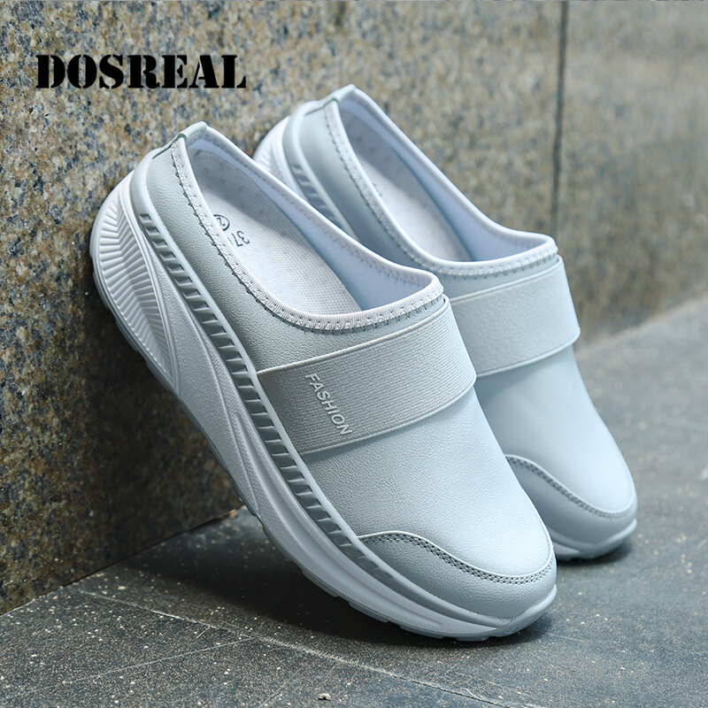 DOSREAL Wedge Slippers for women On Sale Korean Half Shoes with Heel Soft Leather Lightweigt Wedge Mules for Ladies Platform Slippers Big Size 35-42 ราคา 485 บาท*ส่งฟรี