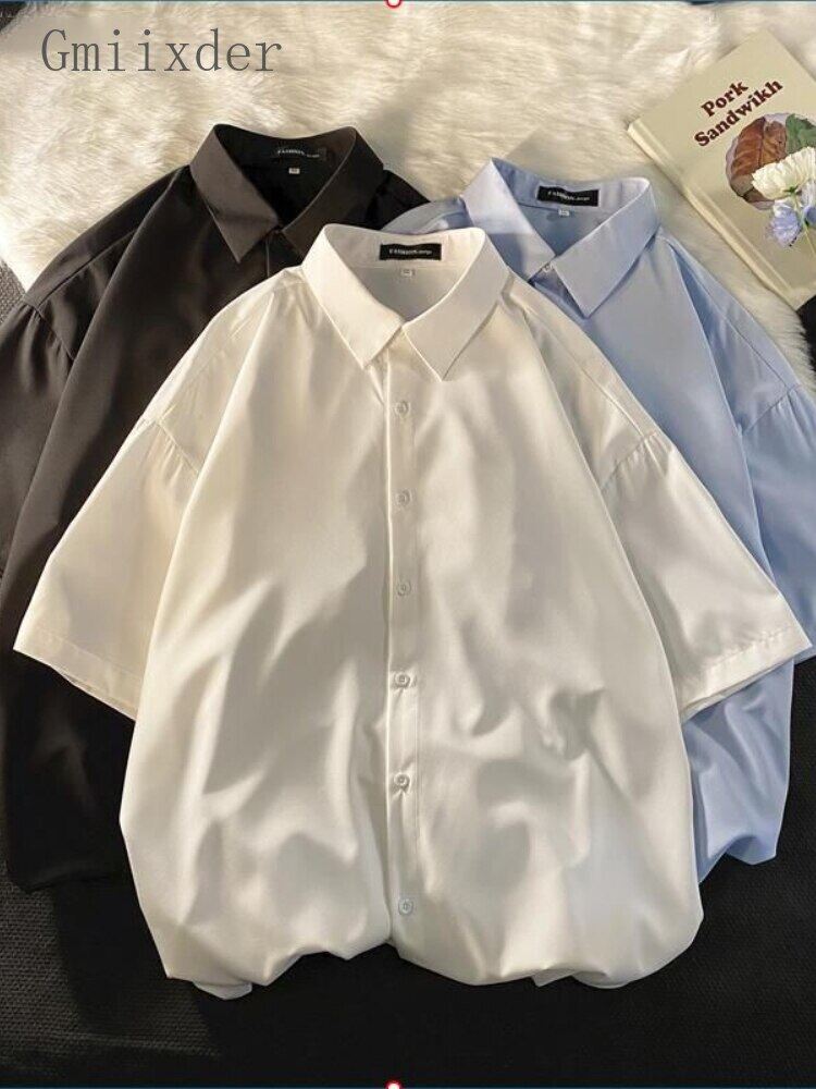ZZOOI Men Short Sleeve Shirts Free Iron Loose Trend Casual Shirts Versatile Ice Silk Solid Top Unisex Turn Down Collar Oversize Tshirt
