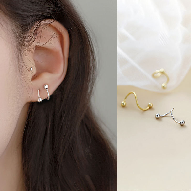 1 Cặp Vít Xoắn Ốc Hình Cầu Sóng Hình Học Màu Bạc S925 Trở Lại Stud Bông Tai Trang Sức Thời Trang Khuyên Tai Dạng Xoay, Tối Giản
