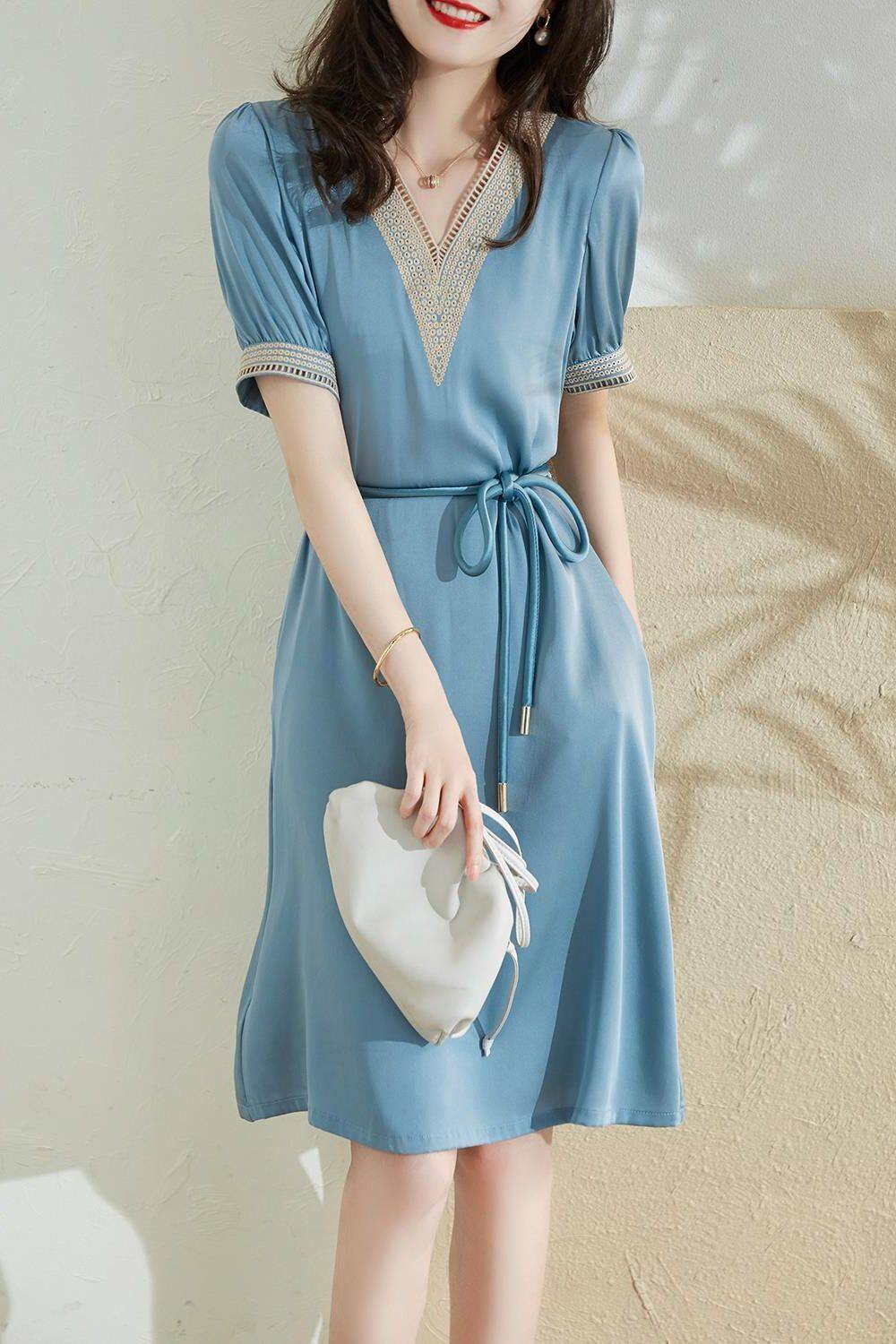 Đầm Ngắn Tay Alisa Sonya Cho Nữ, Dáng Chữ A, Cổ Chữ V, Dáng Ôm, Có Thắt Lưng, Thanh Lịch