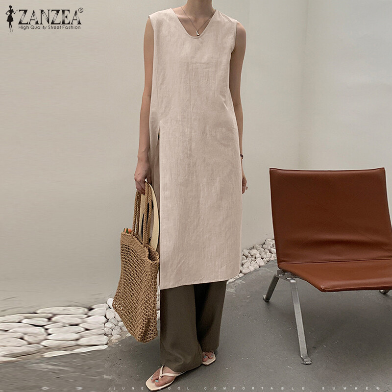 Zanzea đầm xòe cổ chữ v không tay cổ điển cho nữ đầm hai dây cotton màu trơn đầm xòe midi xẻ cao #8