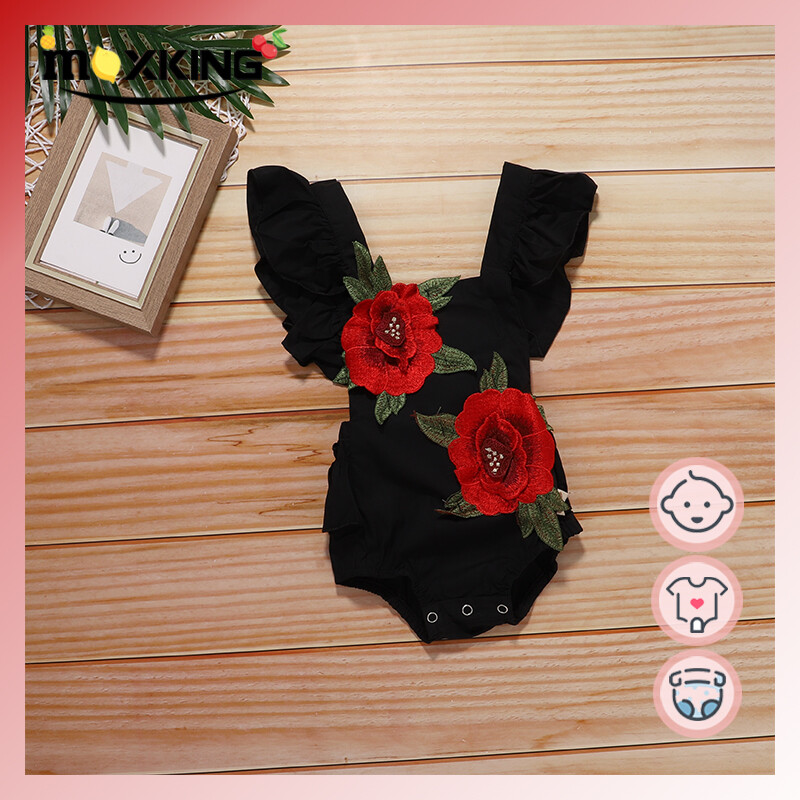 Summer Baby Girl Black Romper Với 2 Mẫu Thêu Hoa Hồng Đỏ Lớn Và 3 Nút Ở Phía Dưới Phù Hợp Cho Quần Áo Bé Gái 0-18 Tháng Tuổi