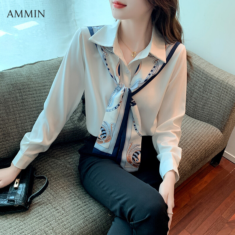 AMMIN Áo Khoác Cardigan Dài Tay Có Cúc Mới Mùa Thu 2021 Áo Cánh Thanh Lịch Áo Sơ Mi Nữ Vải Voan Khâu Khăn Lụa In Hoa Đơn Giản Có Ve Áo Thời Trang