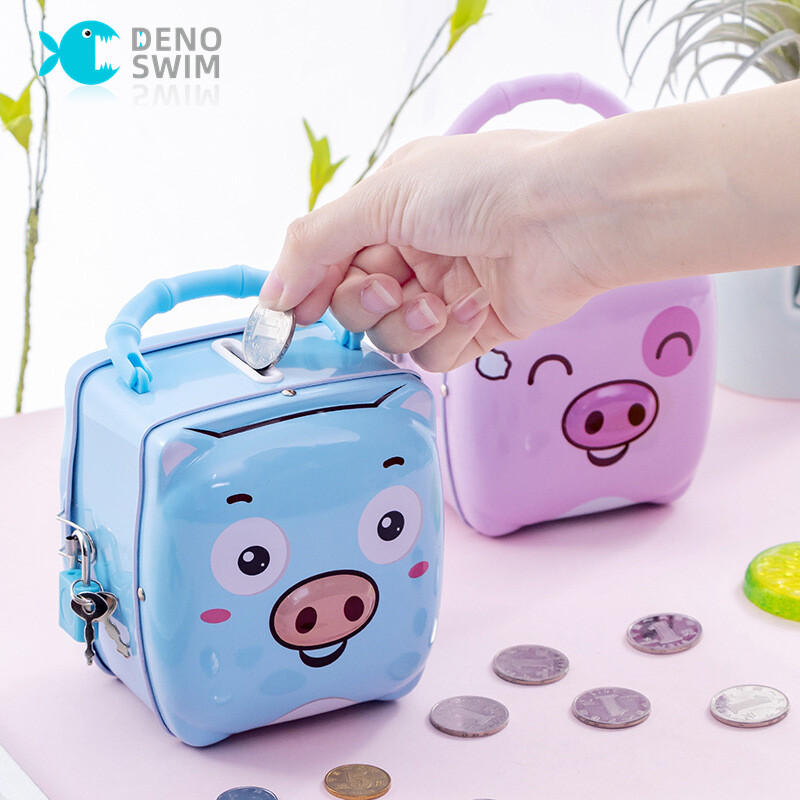 DENOSWIM Cute Pig Piggy Bank Money With Lock With Metal Key for Kids Girl