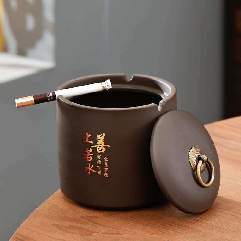 Gạt tàn cát tím có nắp chống gió Retro nhà trang trí phòng khách chống tro con dấu lớn gạt tàn đa chức năng