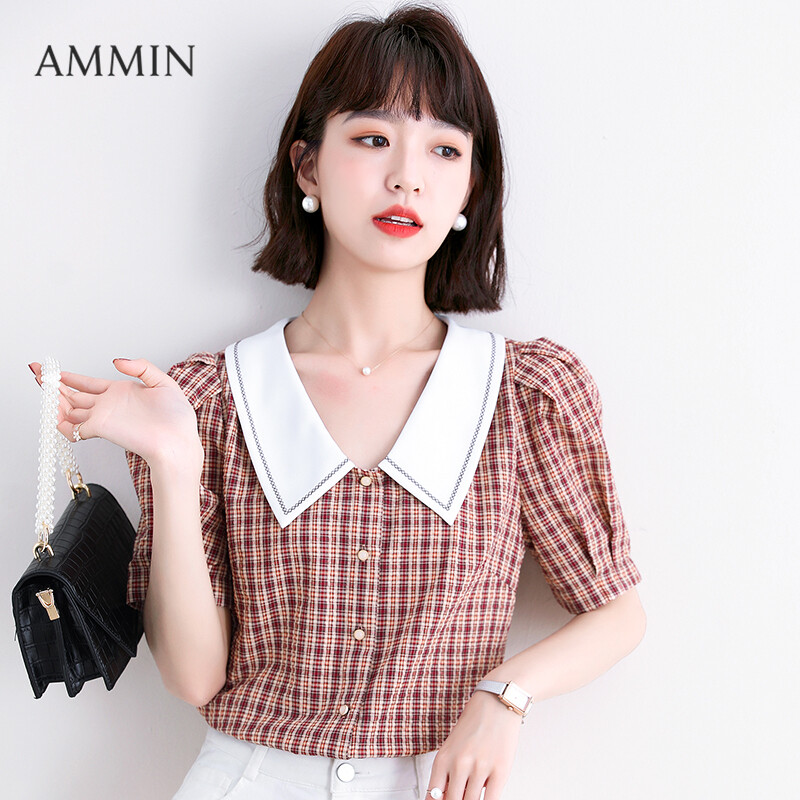 , Cổ Áo Mũi Nhọn Kiểu Pháp Mới 2021 Áo Sơ Mi Kẻ Sọc Tay Ngắn Phồng, Áo Cánh Khí Chất Thường Ngày Cho Nữ