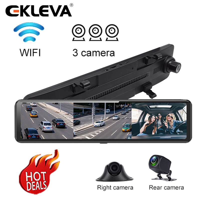 EKLEVA 12 Inch IPS Touch Screen 1080p WIFI and App 3 Camera View Car Rearview Mirror Camera DVR Dash Cam Car Auto Video Recorder