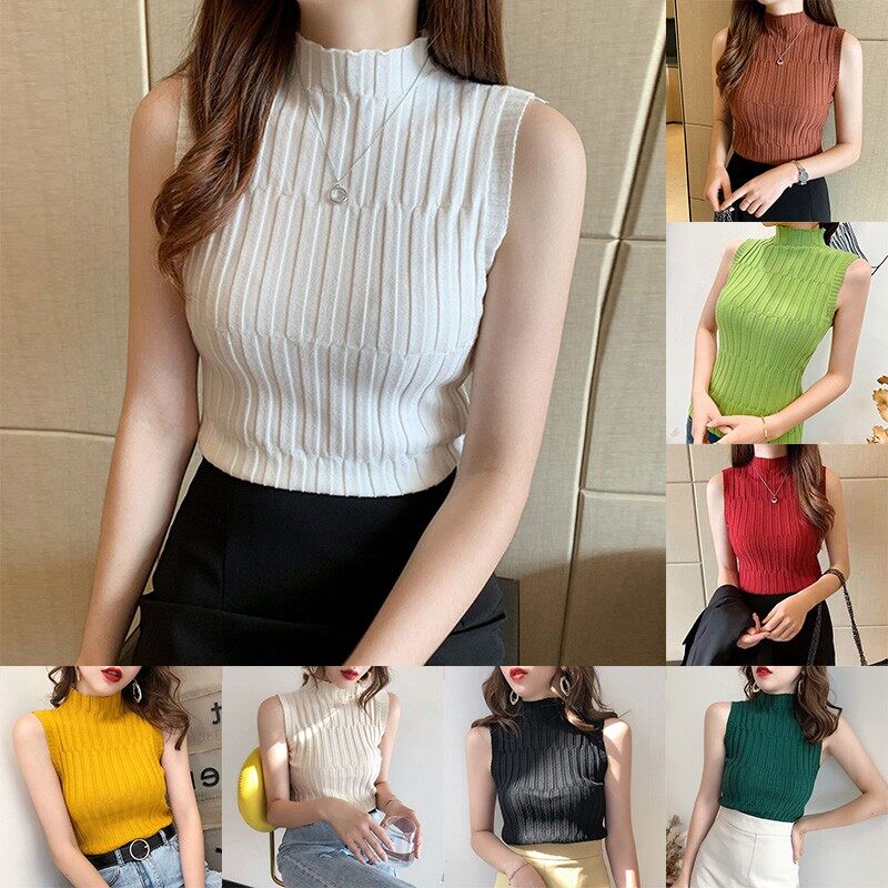 Áo Thun Dệt Kim Cổ Lọ Unikaka Cho Nữ Dáng Ôm Một Nửa Màu Trơn