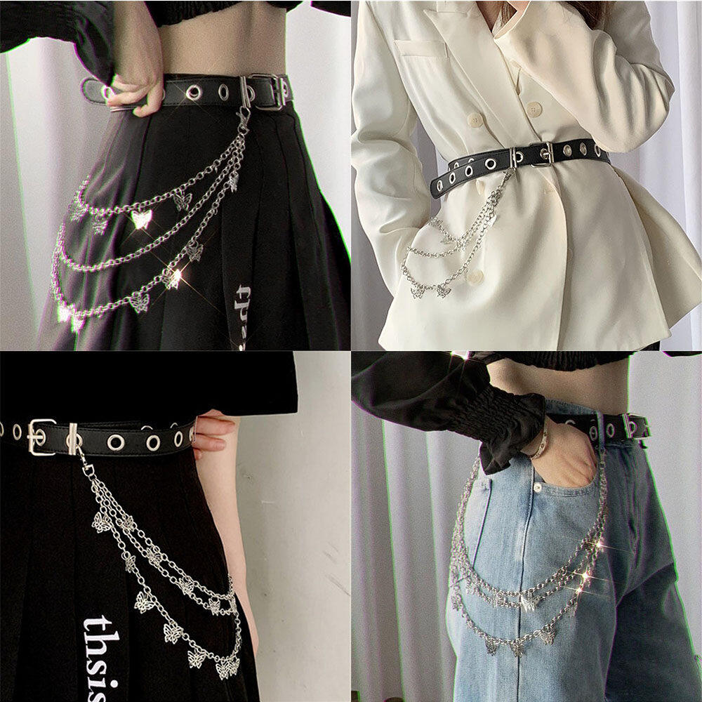 Thắt lưng dây xích treo thắt lưng phụ kiện thắt lưng xu hướng thời trang nhiều lớp mặt hình bướm punk bằng thép không gỉ cho nữ