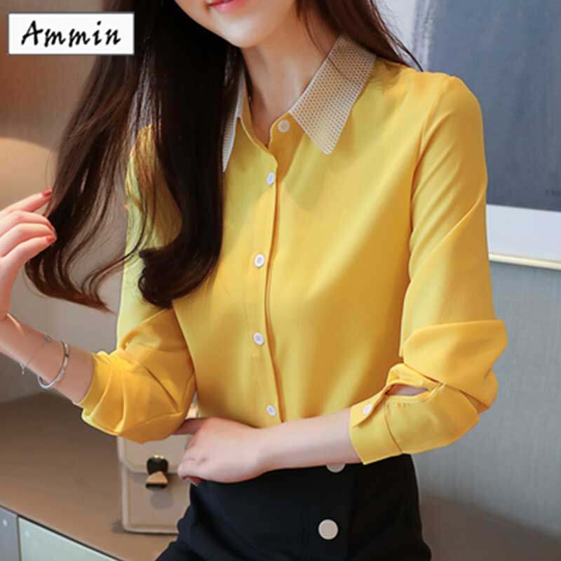 AMMIN Phong Cách Hàn Quốc Mới Ve Áo Voan Vàng Áo Sơ Mi Nữ Dài Tay Áo Sơ Mi Thời Trang Đơn Giản