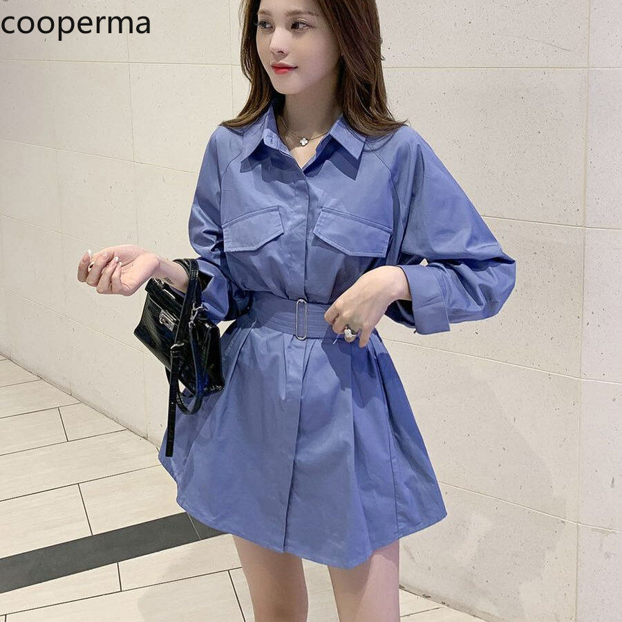 Đầm sơ mi trơn dáng rộng phong cách hàn quốc đầm mini dáng chữ a thời trang thắt eo dài tay cho nữ