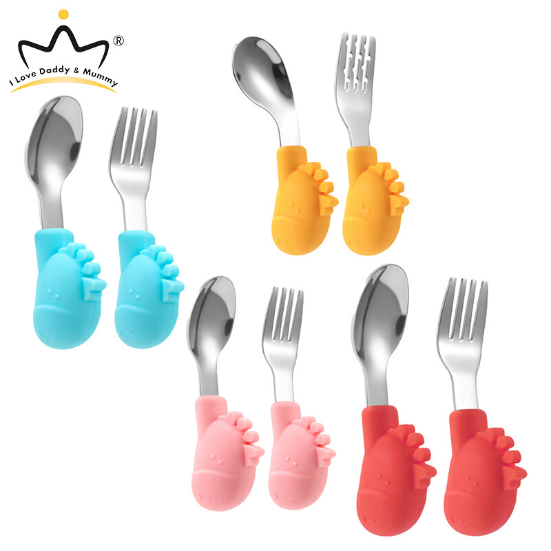 2 Pcs Set Silicone Baby Spoon Fork Set Cartoon Stainless Steel Baby