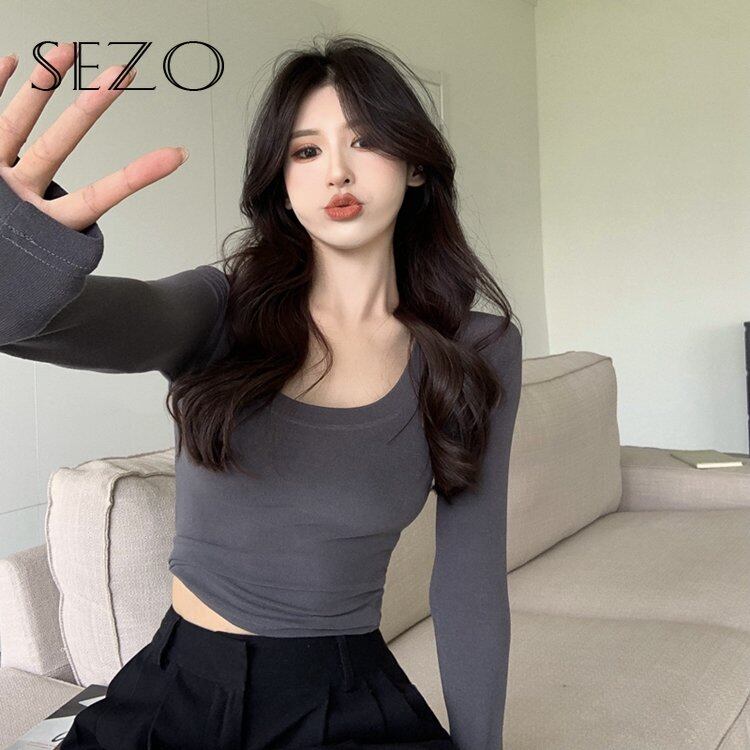 Sezo áo thun nữ tay dài cổ tròn ngắn hàn quốc