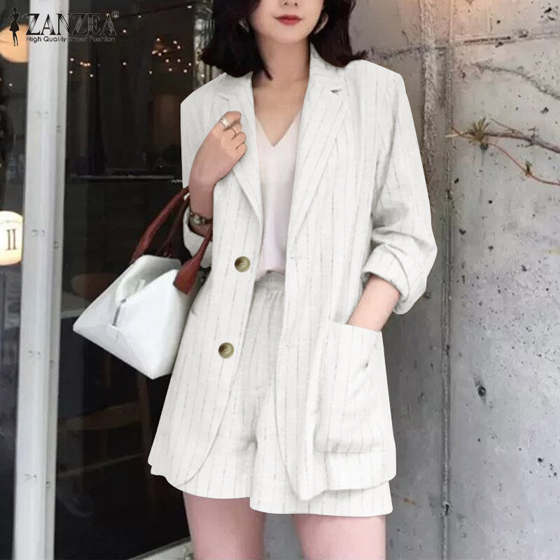 ZANZEA Korean Style Women 2PCS Striped Blazer Outfits Long Sleeve Jackets
